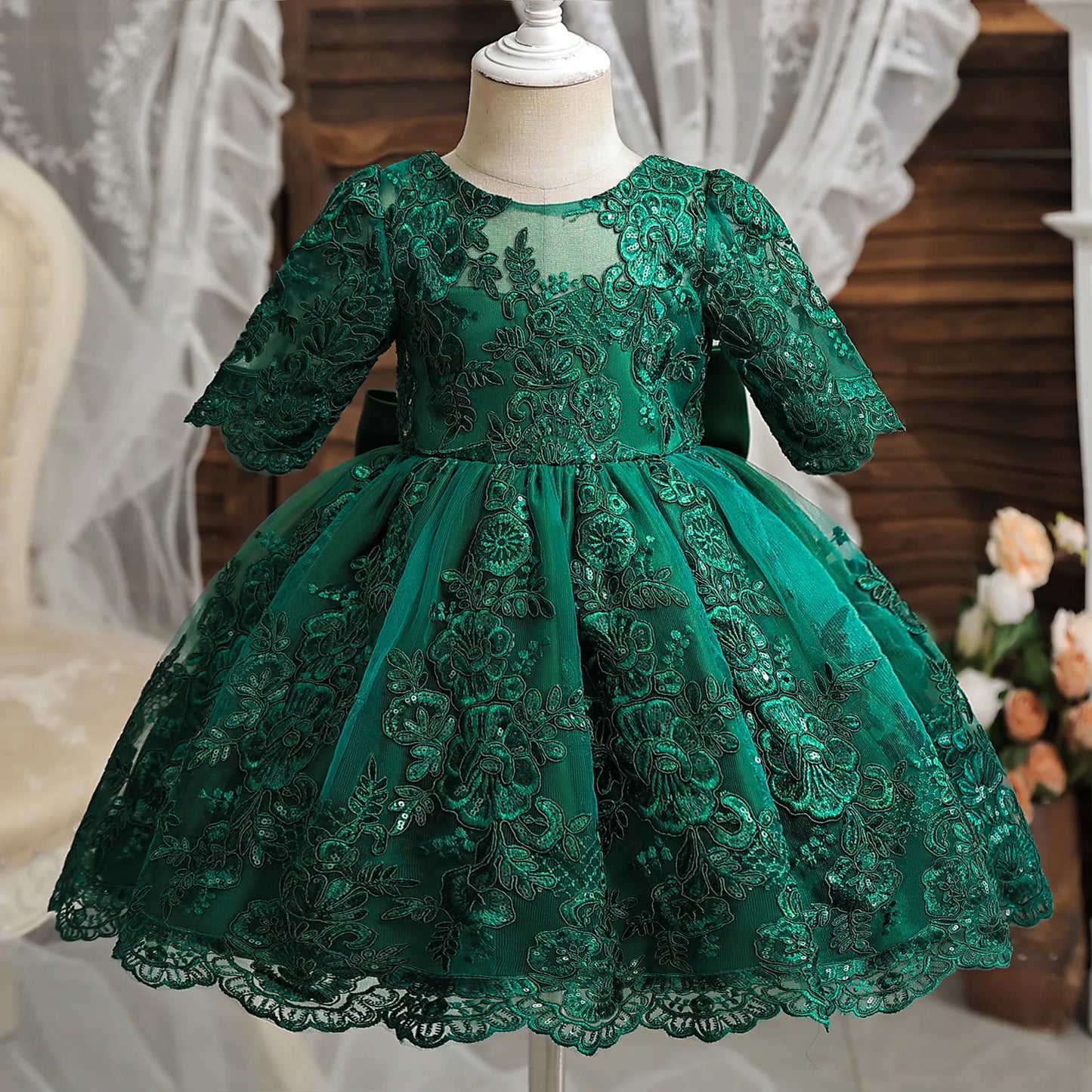 Lace Overlay Green Holiday Dress 3/4 sleeve