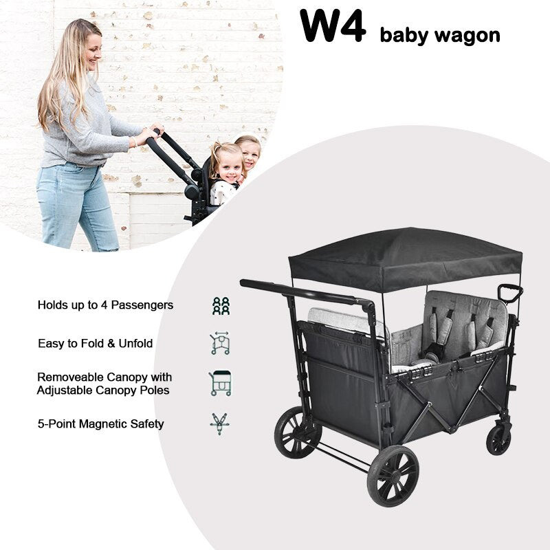 New 4 Passenger- Kids Folding Stroller Wagon with Canopy and Snack Tray