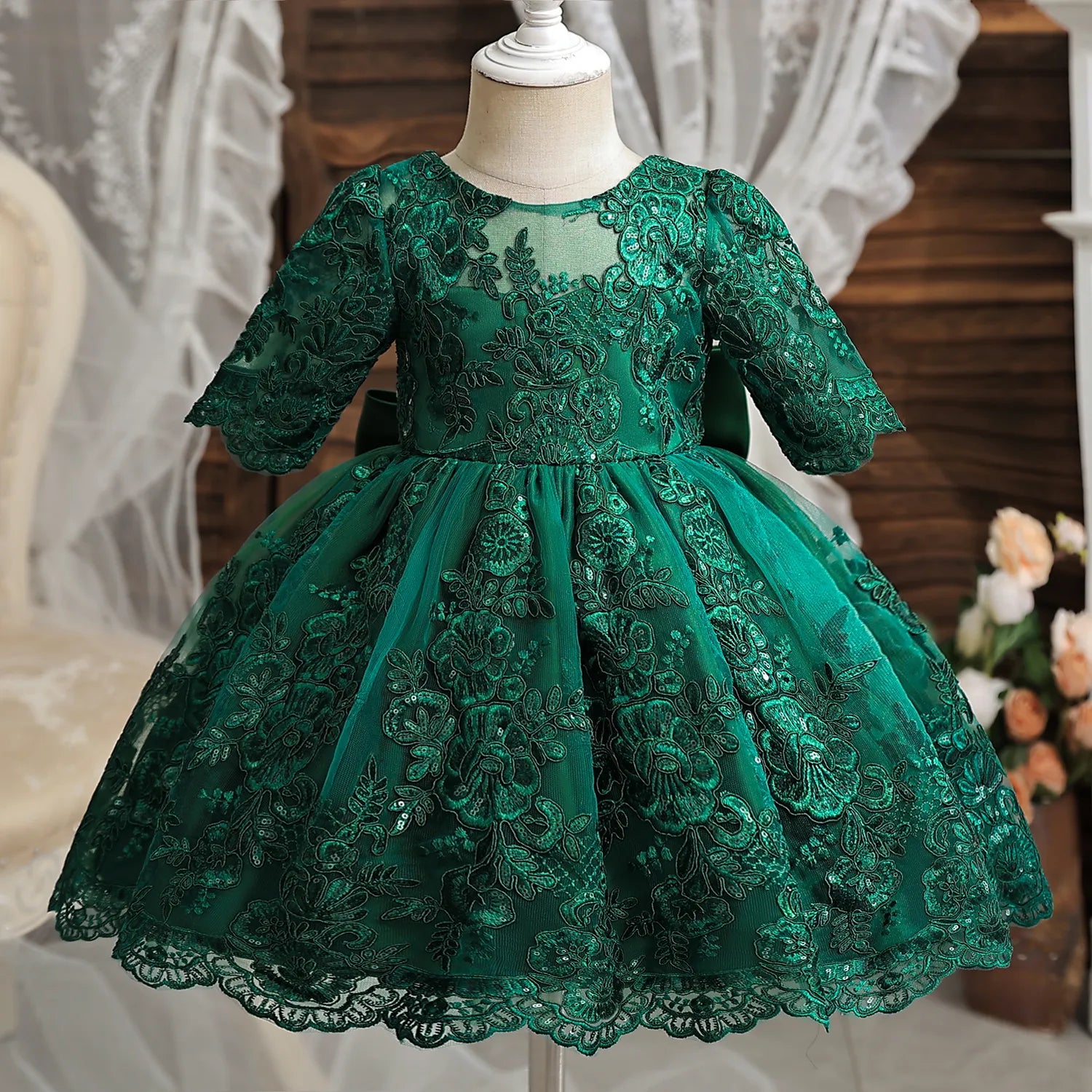 Lace Overlay Green Holiday Dress 3/4 sleeve